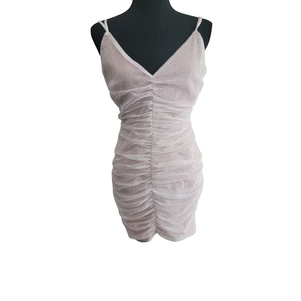 French Kiss Pink Metallic Lace Ruched Mini Dress Cross Back Womens Medium